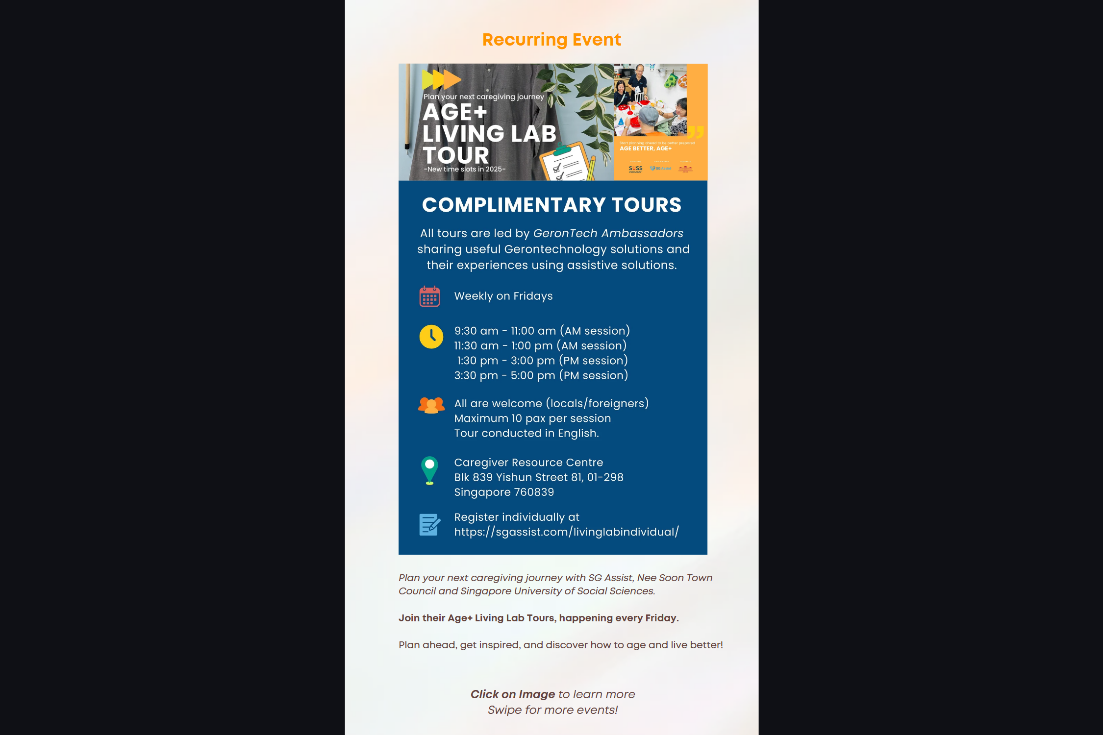Event poster for Age+ Living Lab Tour — Complimentary Tours