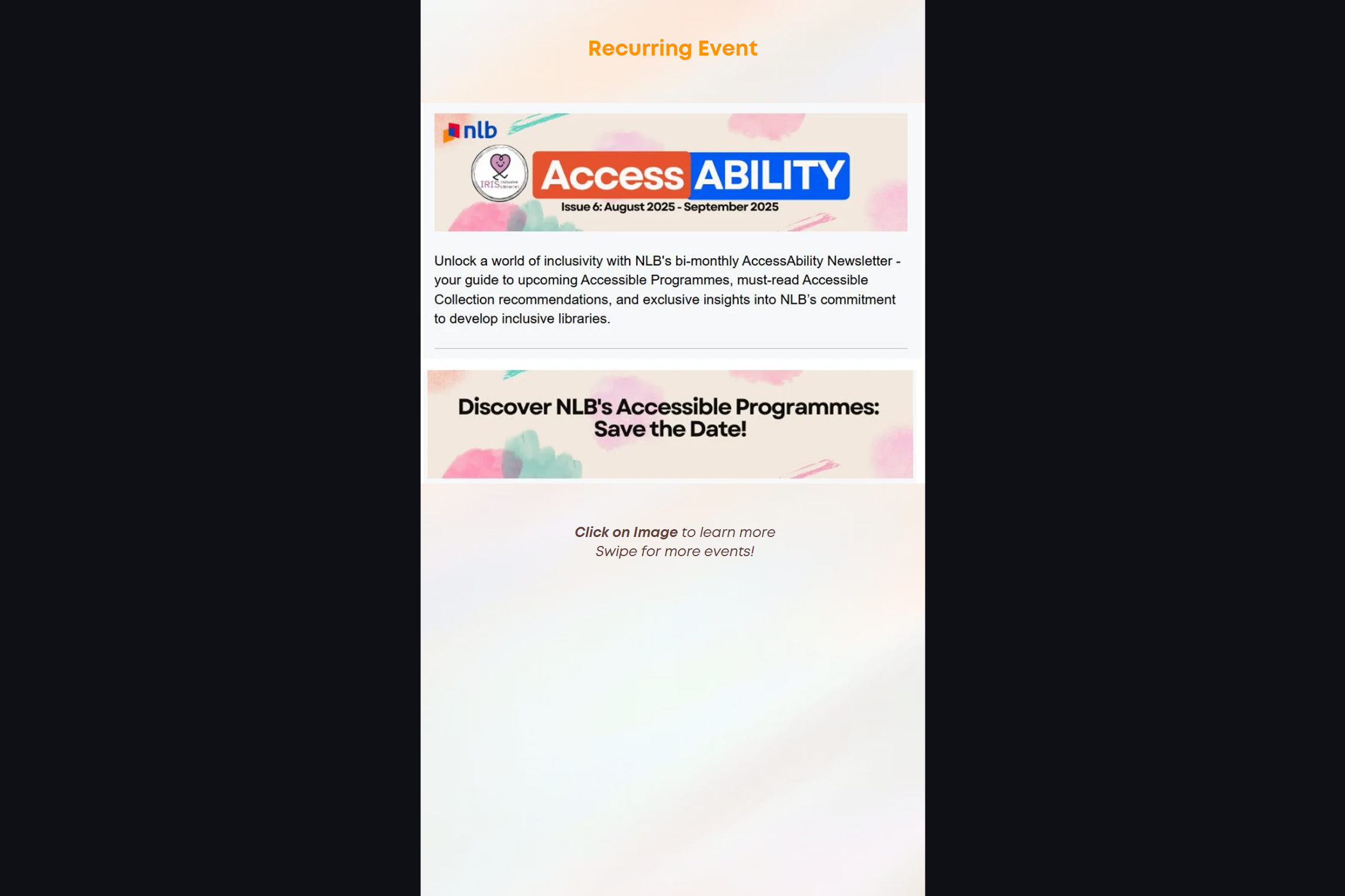 Event poster for NLB AccessAbility Newsletter — Issue 6