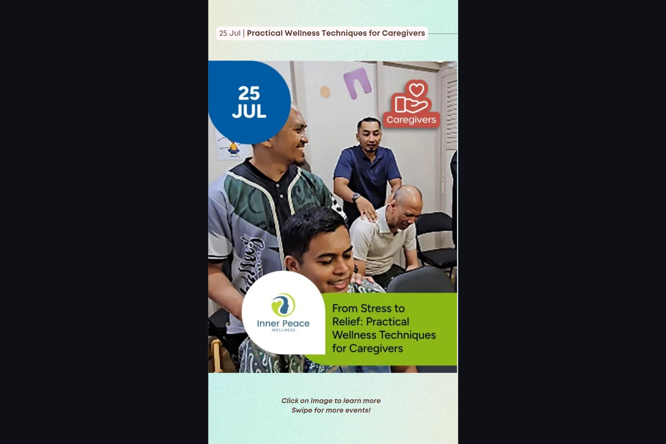 Event poster for From Stress to Relief: Practical Wellness Techniques for Caregivers
