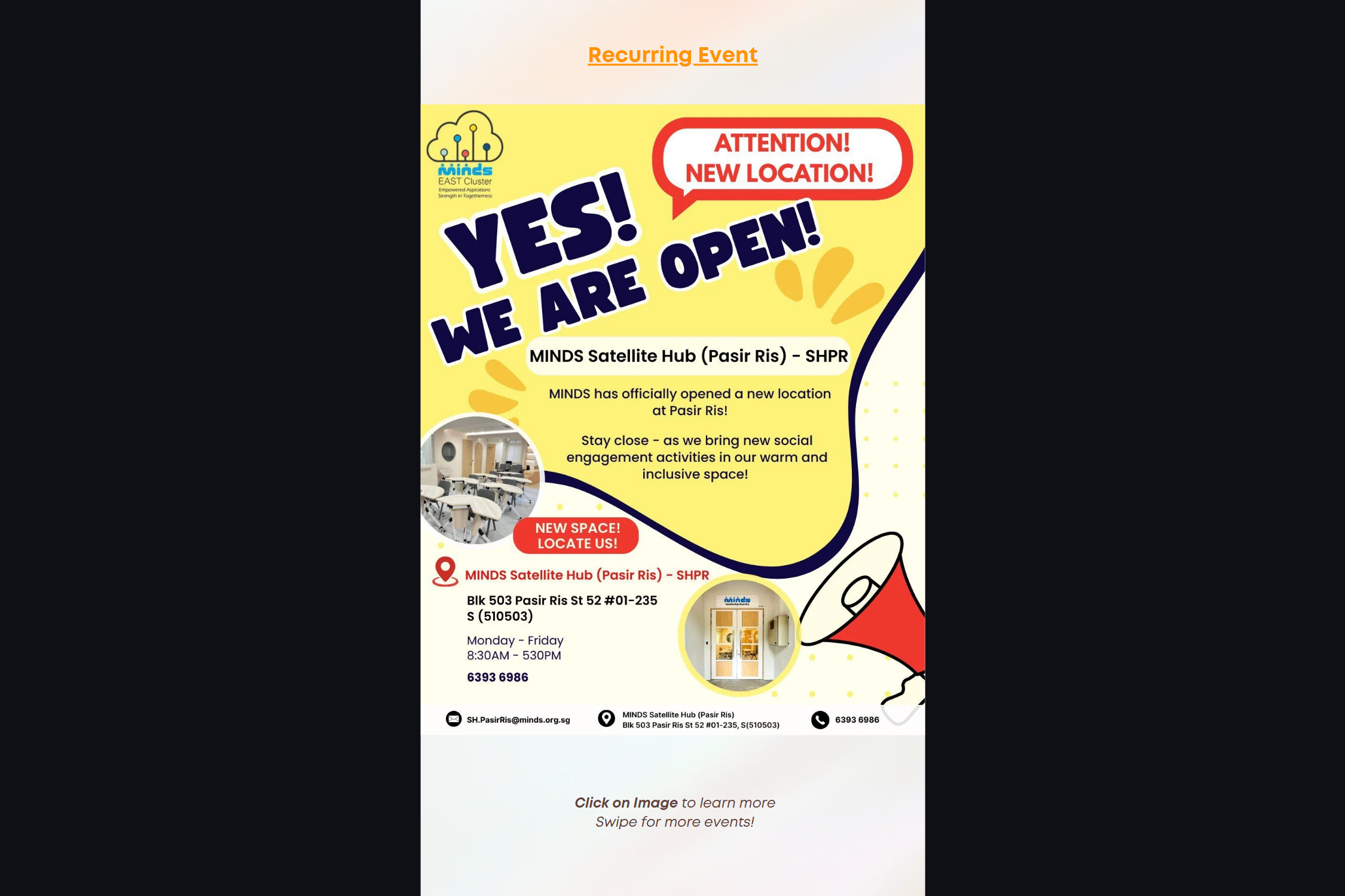Event poster for MINDS Satellite Hub (Pasir Ris) – SHPR