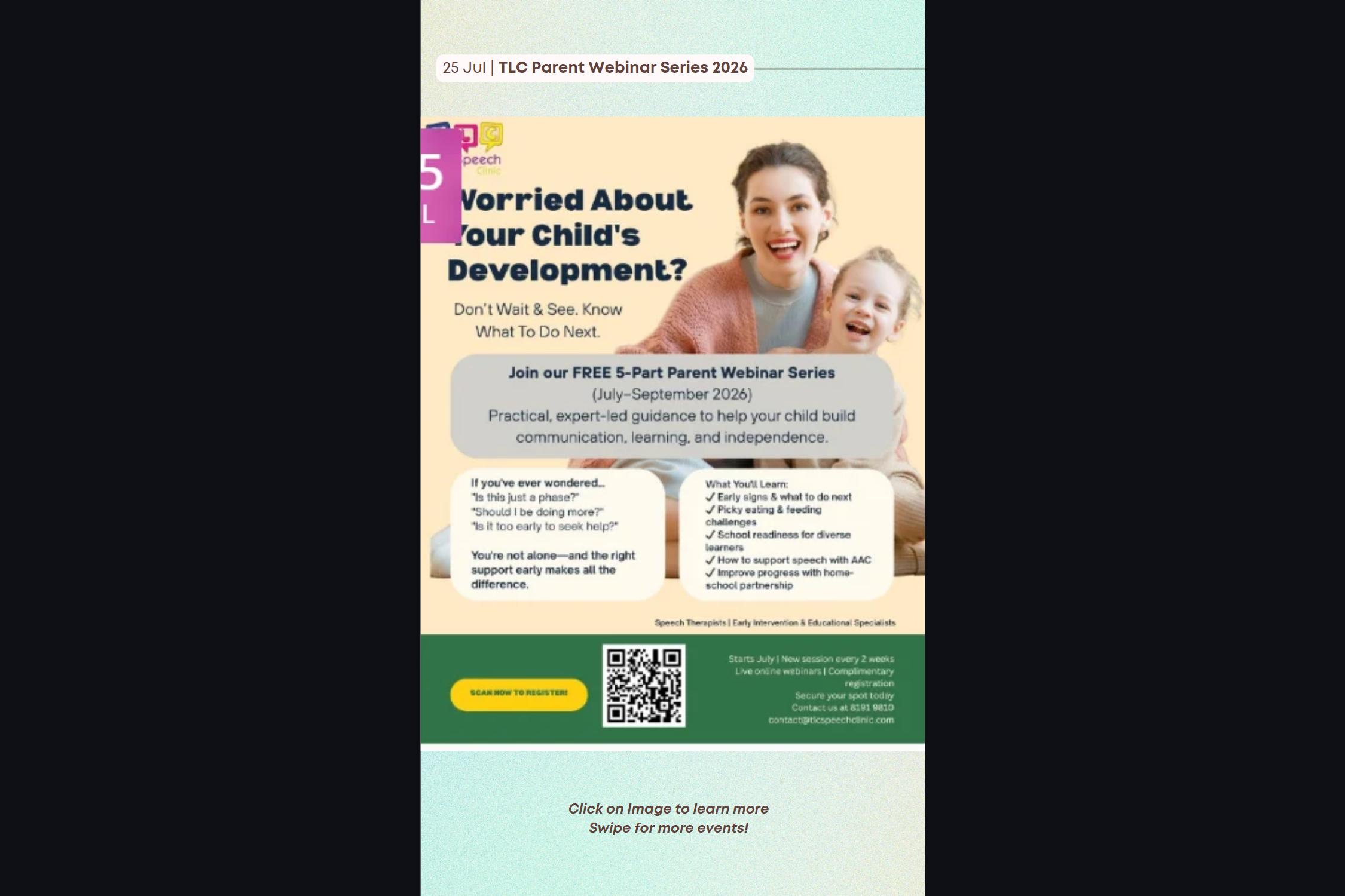 Event poster for TLC Parent Webinar Series 2026 — Worried About Your Child's Development?
